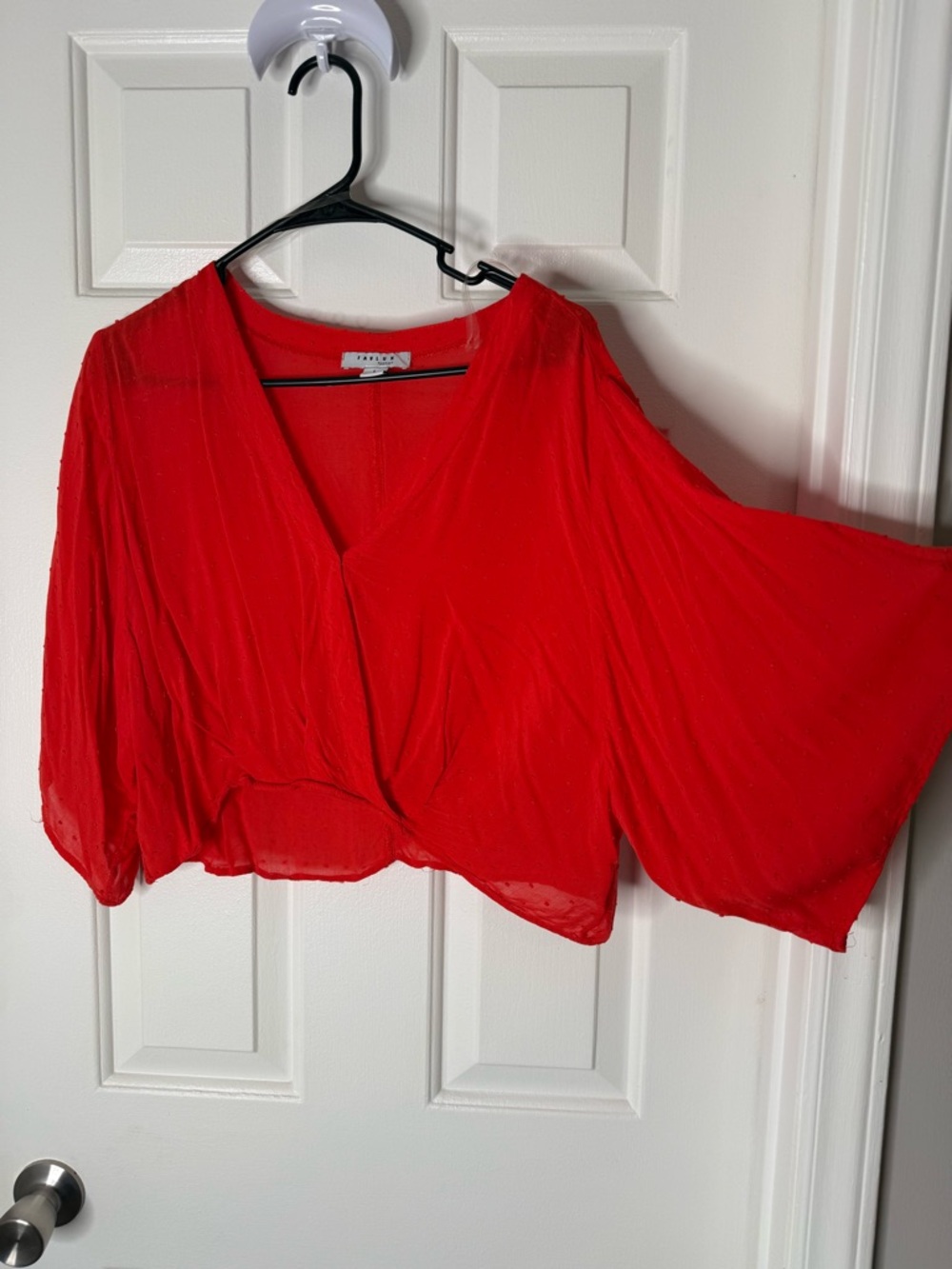 FAVLUX Red V-Neck Flowy Sheer Dolman Sleeve Crop Top Textured